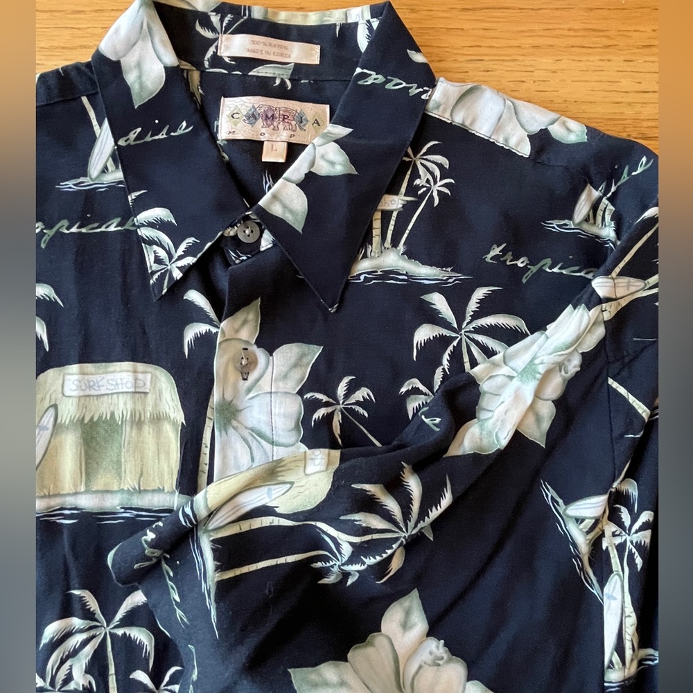 Vtg Campia Moda Hawaiian Camp Shirt Black Tropic Palm Trees Surfboard Tiki Hut L